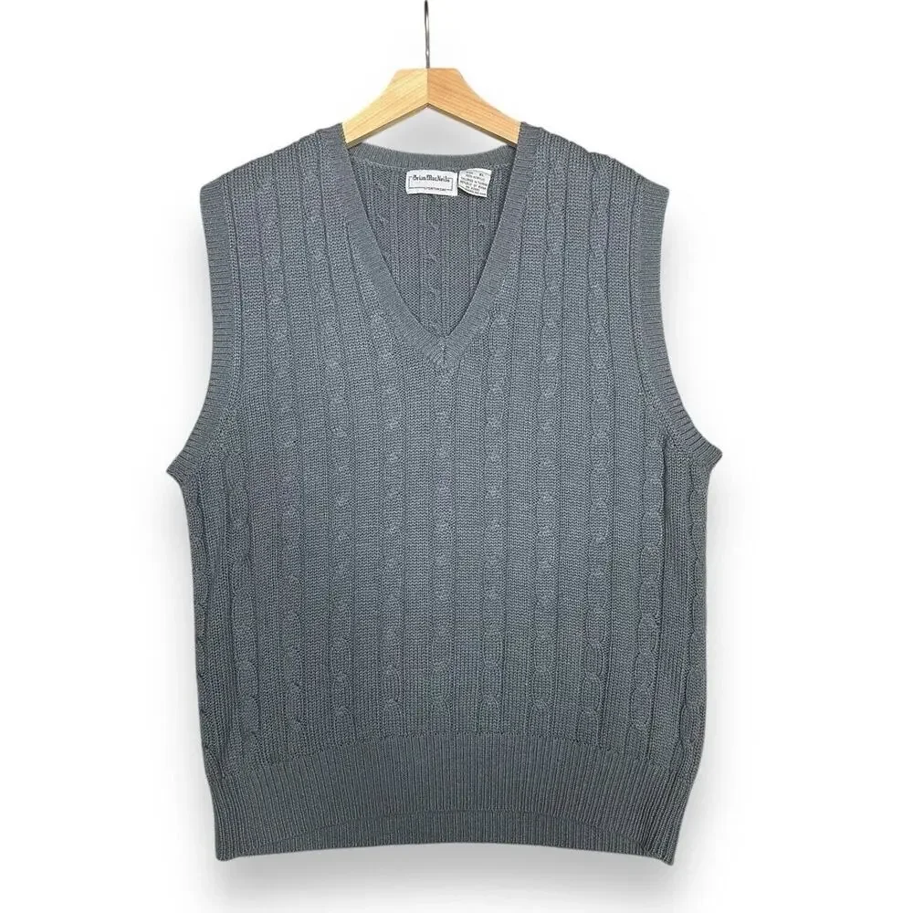 Vintage 80s Sweater Vest Cable Knit Gray Cotton Preppy Academia Old Money Sz XL